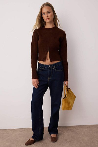 Trendyol Collection Καφέ μαλακή υφή κορσέ με φερμουάρ Λεπτομερές πλεκτό πουλόβερ TWOAW26KZ00013