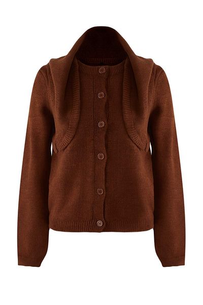 Trendyol Collection Καφέ μαλακή υφή με επιπλέον σάλι ριγέ πλεκτό ζακέτα TWOAW26HI00135
