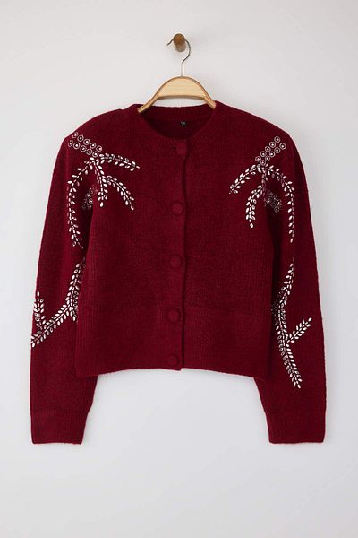 Trendyol Collection Burgundy Soft Texture Stone Embroidered Knitwear Cardigan Twoaw26Hi00063