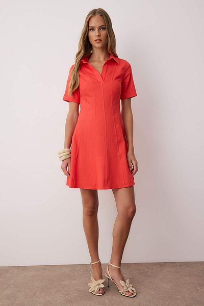 Trendyol Collection Red Straight Skirt Waist Opening Stitching Detail Mini Woven Dress Twoss25El00184