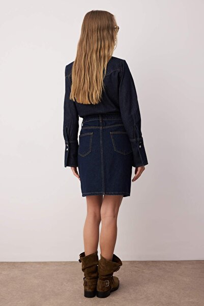 Trendyol Collection Dark Blue Front Button Mini Denim Skirt Twoaw26Et00022