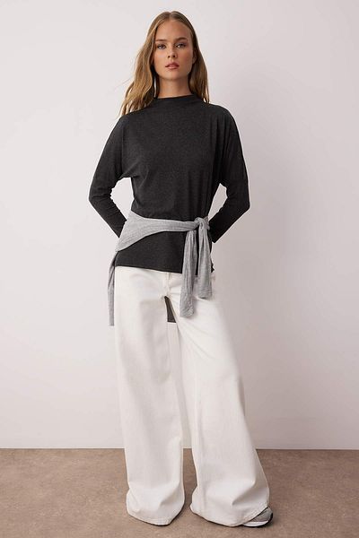 Trendyol Collection Μαύρο γιακά με μανίκια νυχτερίδας κανονική/κανονική πλεκτή μπλούζα TWOAW26BZ00136