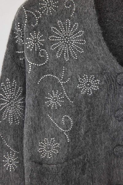 Trendyol Collection Dark Gray Soft Texture Wide Fit Stone Embroidered Knitwear Cardigan Twoaw26Hi00005