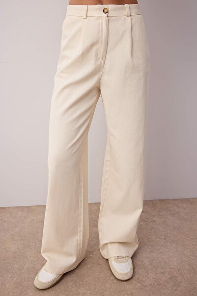Trendyol Collection Ecru Gabardine Cotton Vest Wide Leg Pants Woven Bottom - Top Set Twoss25Au00112