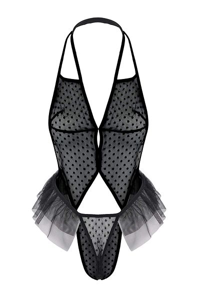 Trendyol Collection Body tricotat fără bretele din tul negru cu buline cu fereastră/detaliu decupat și volan THMAW26BD00005