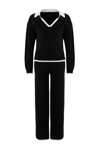 Trendyol Collection Black Polo Collar Color-Block Knitwear Sweater-Pants Bottom - Top Set Twoaw26Au00022