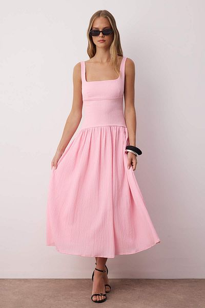 Trendyol Collection Pink Special Fabric Corset Look Backless Woven Skirt Wide Midi Dress Twoss25El00882