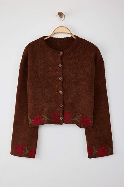 Trendyol Collection Brown Soft Texture Flower Pattern Knitwear Cardigan Twoaw26Hi00152