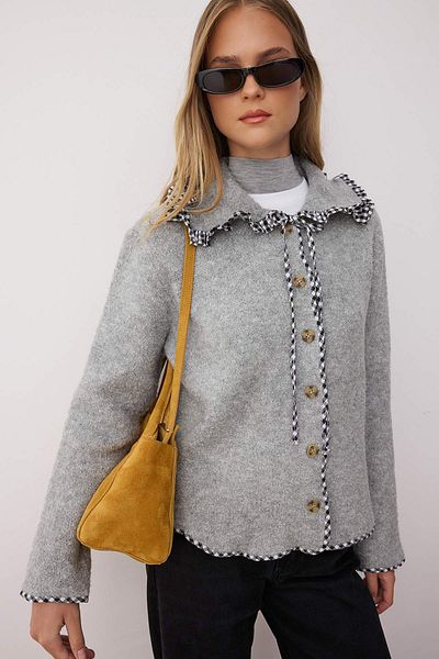 Trendyol Collection Gray Soft Textured Garni Detailed Turn-Down Collar Wide Fit Coat-Look Knitwear Cardigan Twoaw26Hi00009