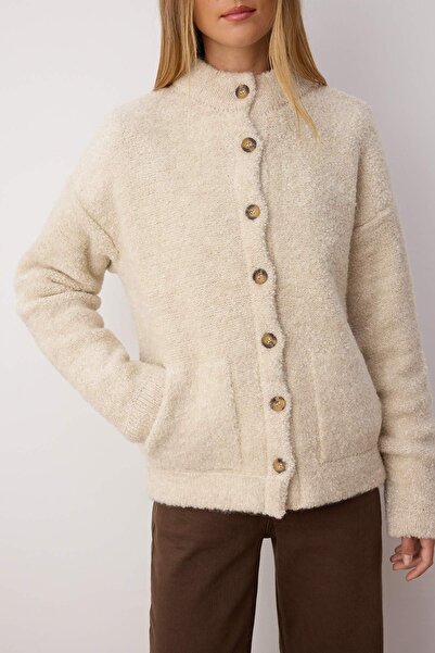 Trendyol Collection Beige Boucle/Textured Yarn Wide Fit Coat Look Knitwear Cardigan Twoaw26Hi00207