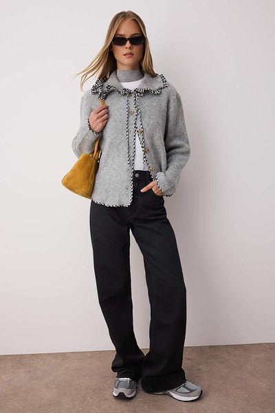 Trendyol Collection Gray Soft Textured Garni Detailed Turn-Down Collar Wide Fit Coat-Look Knitwear Cardigan Twoaw26Hi00009