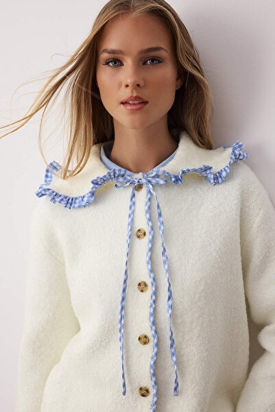 Trendyol Collection Ecru Soft Textured Garni Detailed Wide Fit Coat Look Knitwear Cardigan Twoaw26Hi00009