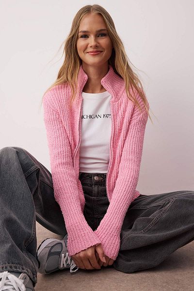 Trendyol Collection Pink Zipper Stand Collar Soft Textured Cotton Knitwear Cardigan Twoaw26Hi00088