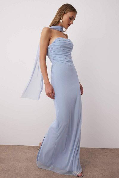 Trendyol Collection Μπλε Φουλάρι Πλεκτό Μάξι Βραδινό Φόρεμα Αποφοίτησης TPRSS25AE00056