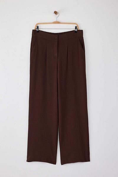 Trendyol Curve Pantaloni maro elastici cu talie înaltă plisată cu picioare late TBBSS22PL0448