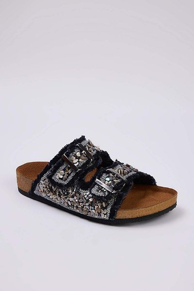 TRENDYOL SHOES Papuci de damă cu bandă dublă cu mărgele antracit TAKSS25TE00039