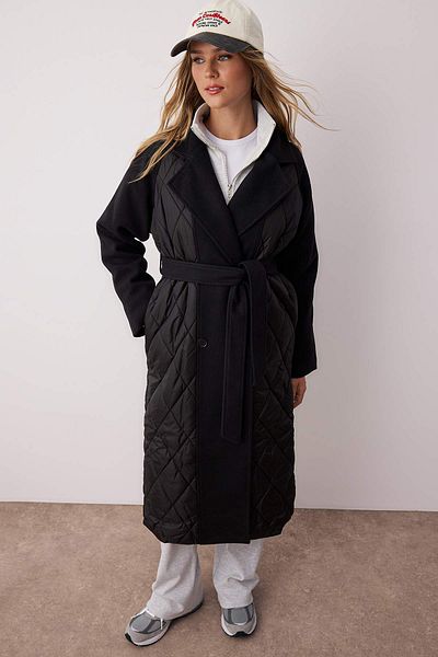 Trendyol Collection Black Quilted Detailed Double Breasted Oversize Long Coat Twoaw26Kb00029