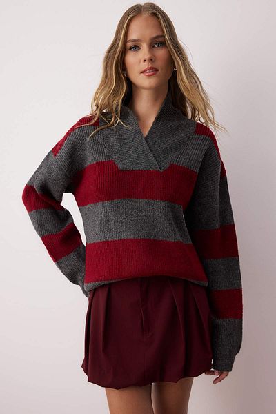 Trendyol Collection Bordeaux Moale Texturat Lată Gros Tricotaj cu decolteu în V Pulover TWOAW26KZ00152
