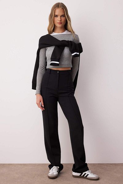 Trendyol Collection Black Thick Stretch Fabric Straight/Straight Cut High Waist Ribbed Stitching Pants Twoaw26Pl00027