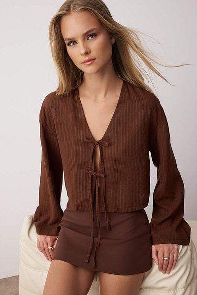 Trendyol Collection Brown Lacing Detailed Striped Shirt Twoss24Go00247