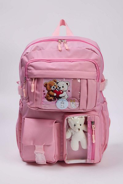 TRENDYOL SHOES Rosafarbener Kinderschulrucksack im koreanischen Stil mit Accessoires, Rosetten-Detail und Teddybär TAKAW26OI00004