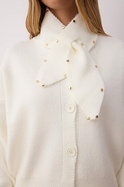 Trendyol Collection Bone Soft Texture Scarf Wide Fit Knitwear Cardigan Twoaw26Hi00163