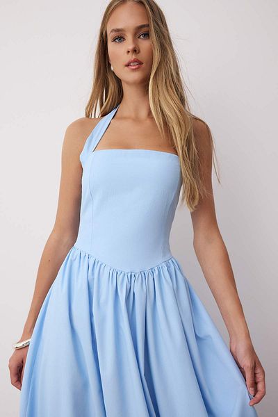 Trendyol Collection Blue Halterneck Wide Poplin Maxi Woven Dress Twoss25El00881