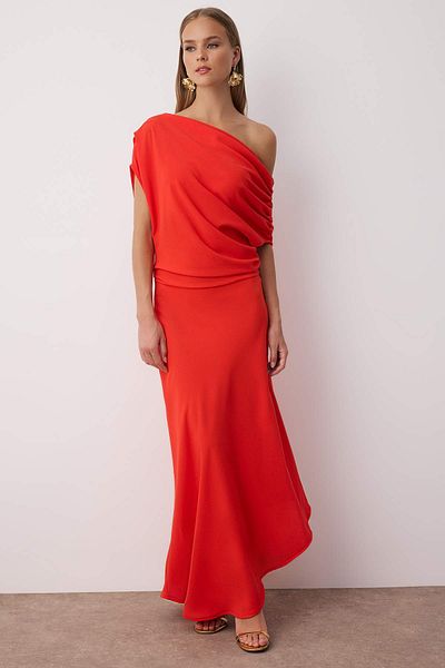 Trendyol Collection Red A-Line Boat Neck Woven Midi Stylish Dress Tprss25El00321