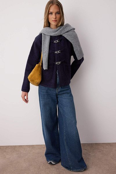 Trendyol Collection Navy Blue Belt Detailed Soft Textured Wide Fit Coat Look Knitwear Cardigan Twoaw26Hi00047