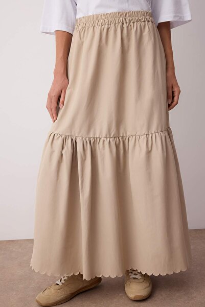 Trendyol Modest Beige Unlined Cotton Woven Skirt with Hem Detail Tctss25Ee00023