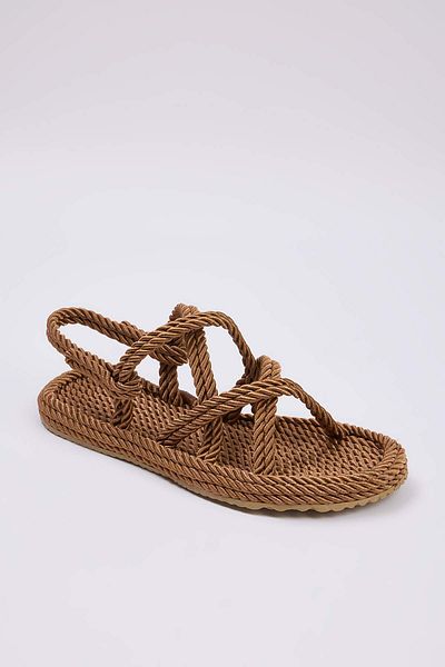 TRENDYOL SHOES Γυναικεία ψάθινα σανδάλια με κορδόνι σχοινί καφέ σταυρωτό TAKSS25SD00056