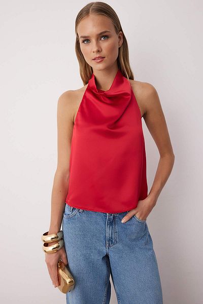 Trendyol Collection Κόκκινο ίσιο γιακά με μπλούζα από υφαντό σατέν πάρτι TPRAW26BZ00003
