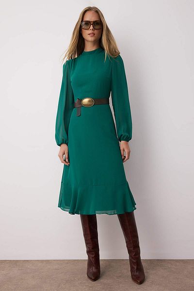 Trendyol Collection Χειμερινό φόρεμα μίντι σιφόν με πράσινη γραμμή - όρθιος γιακάς TWOAW20EL1313