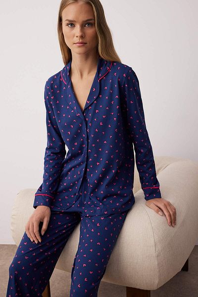 Trendyol Collection Heart Ribbed Navy Blue Knitted Pajamas Set - 100% Cotton Thmaw24Pt00103