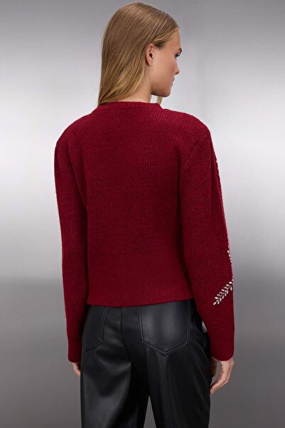 Trendyol Collection Burgundy Soft Texture Stone Embroidered Knitwear Cardigan Twoaw26Hi00063