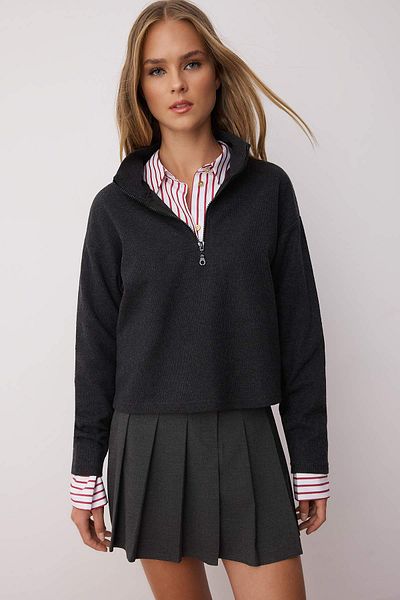 Trendyol Collection Hanorac tricotat antracit Salonic/Knitwear Look Guler cu fermoar Regular/Regular Fit TWOAW22SW0732