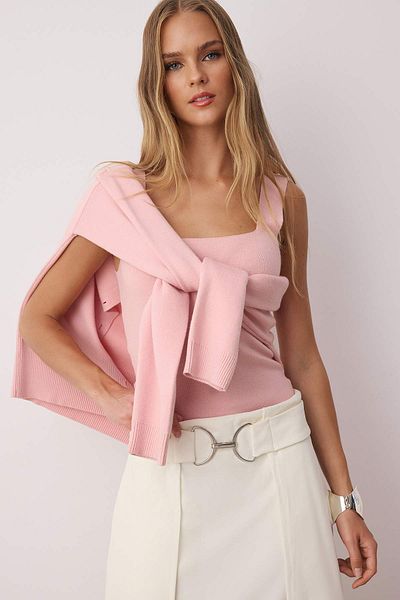 Trendyol Collection Ροζ 2 τεμαχίων Premium νήματα/Προσαρμοσμένα νήματα Crew λαιμόκοψη Basic Knitwear Ζακέτα-Μπλούζα Σετ TWOAW26HI00124