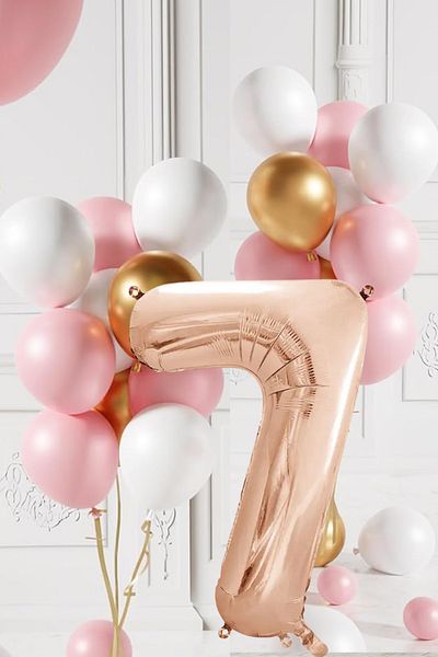 tedaks 7 Year Old Retro Gold Pink White Balloon Set Rose Gold Numbered Birthday Balloon Stylish Party Ornament