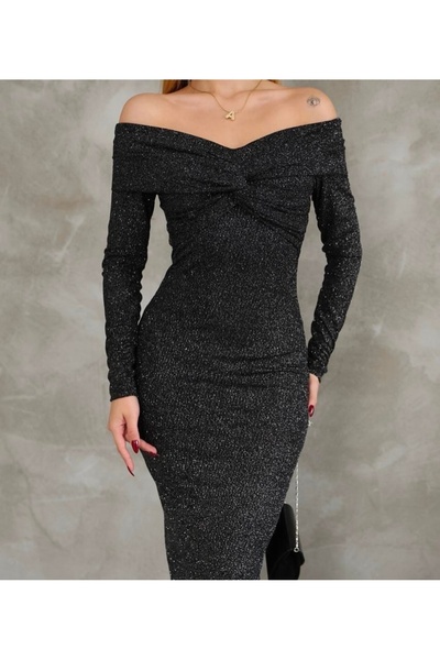 Starmount Butik Siyah Madonna Yaka Simli Elbise