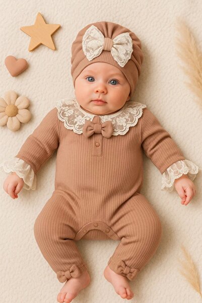 CNDR 3-9 Months Lace Collar Baby Girl Romper with Hat Brown