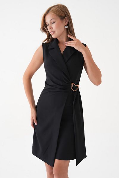 lovebox Women's Crepe Fabric Double Breasted Collar Sash and Accessory Detail Sleeveless Black Mini Jacket Evening Dress 77138