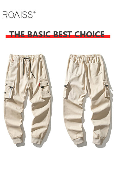 ROAISS Men's Cargo Trendy Pants Casual Jogging Pants Loose Fit Ankle-Tied with Elastic Drawstring