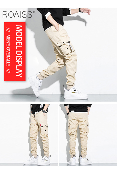 ROAISS Men's Cargo Trendy Pants Casual Jogging Pants Loose Fit Ankle-Tied with Elastic Drawstring