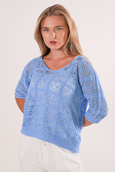 Wearified Triko Bluz Yazlık Kazak Dantel Ajurlu Etnik Desenli Yarasa Kollu Ka...