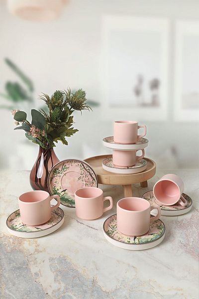 Keramika Σετ τσαγιού Pink Woods Stackable 12 τεμαχίων για 6 άτομα 22641