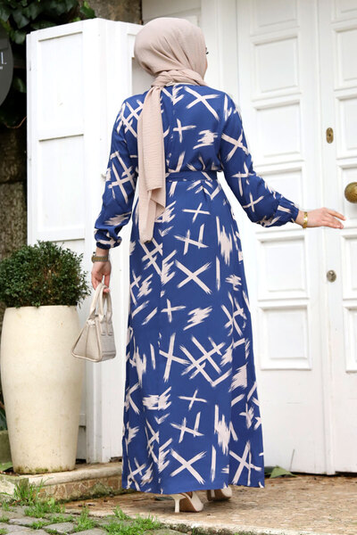 Tesettür Dünyası Fırça Desenli Beli Kuşaklı Uzun Tesettür Elbise TSD240228 Mavi