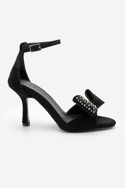 Marjin Women's Bow Detailed Stone Ankle Strap Heeled Sandals Tevole Black Suede