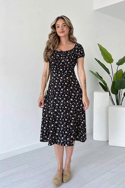 MOZENA Floral Patterned Midi Length Crispy Dress