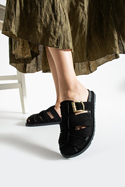 diclepolat Patter Black Suede Belt Buckle Detailed Flat Sole Women's Slippers