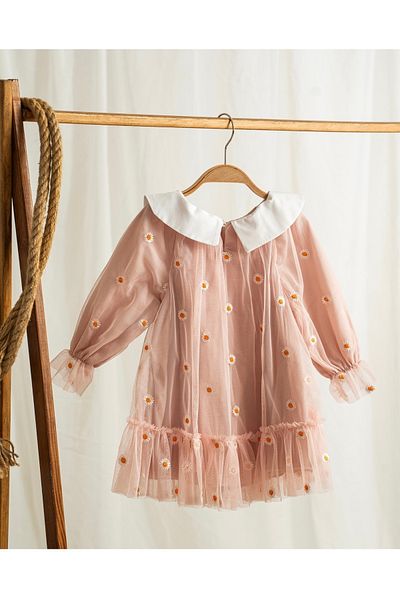 Baby Daisy Patterned Baby Collar Tulle Dress Holiday Party and Special Occasion Girl's Dress